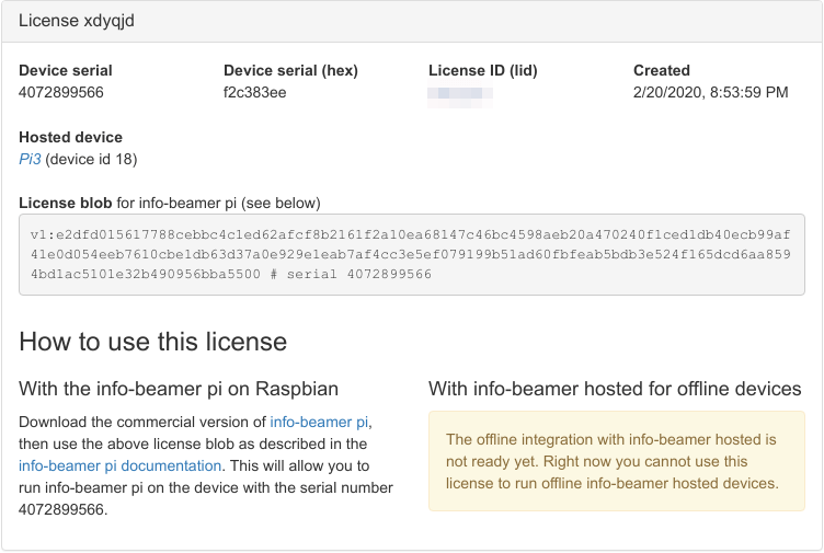 information about an info-beamer pi license