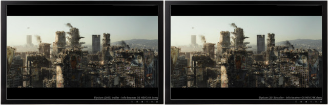Two displays in mirror configuration playing HEVC on the Pi4